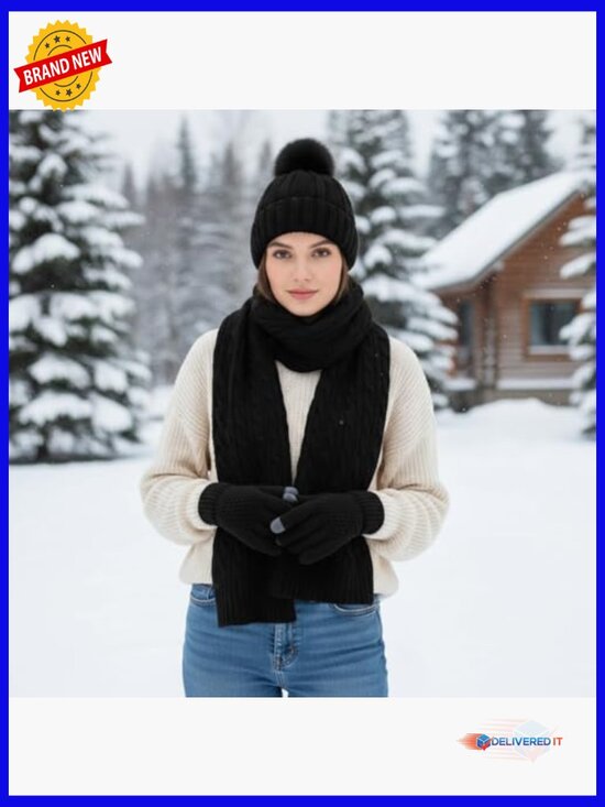 6 Pc Winter Knit Set: Beanie Scarf Gloves Earmuffs Socks main image 4
